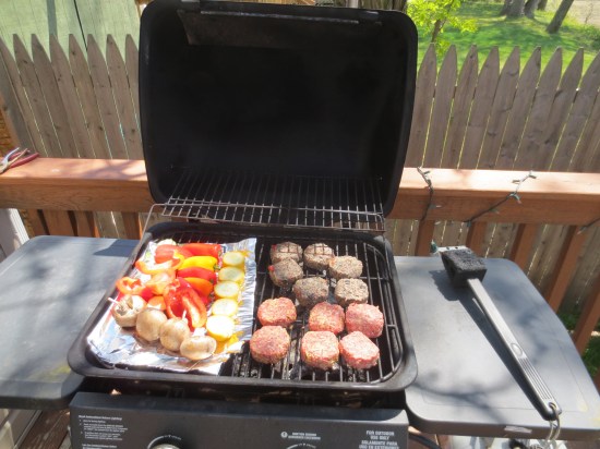 Grilling veggies and veggie burgers
