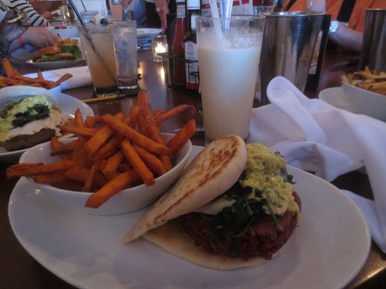 Naan veggie burger, sweet potato fries & salted caramel shake @ Five Napkin Burger, NYC