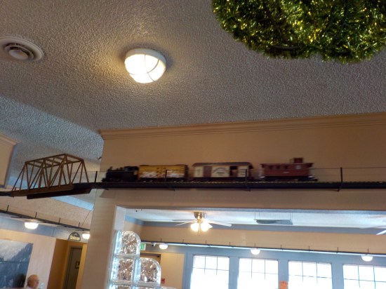 train running around the restaurant